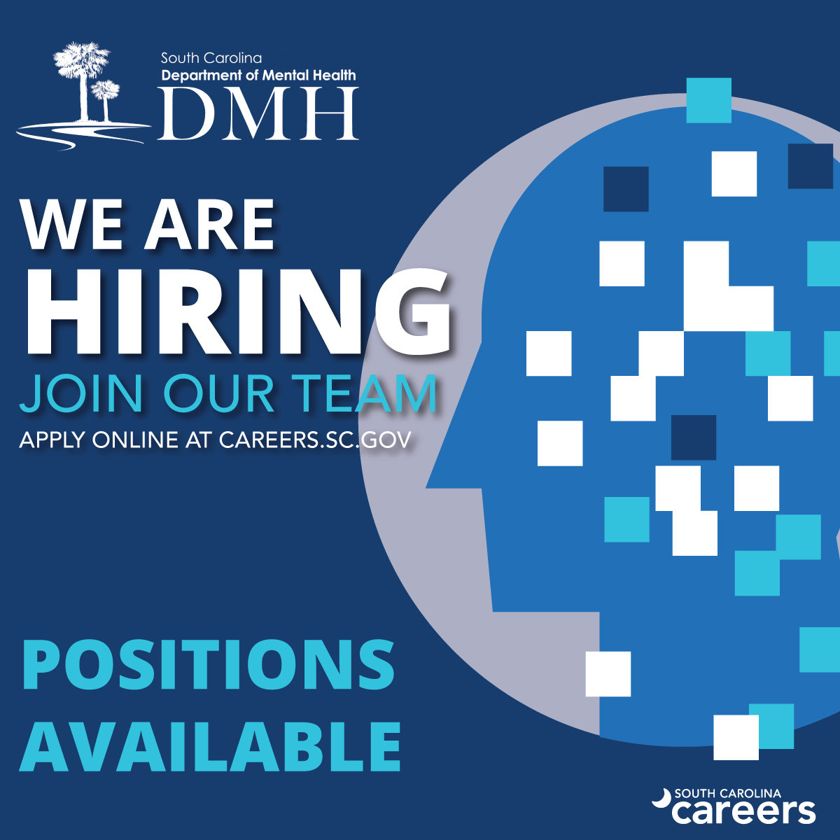 CareersSCGov's tweet photo. 📢📢 The @SC_DMH is hiring! To see a list of all available job opportunities at various locations, visit https://t.co/i0pbXi02Bs and apply now! https://t.co/gqUBqyx3uV