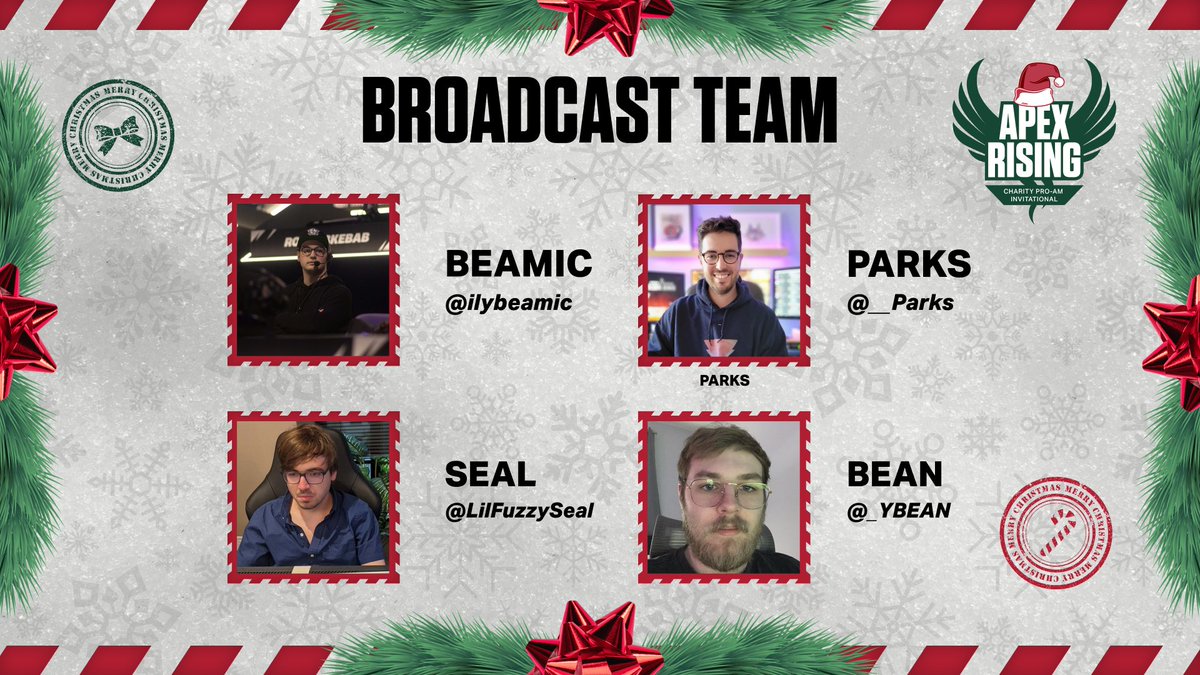 📢 ANNOUNCING OUR OFFICIAL BROADCAST TEAM FOR THE APEX RISING CHARITY PRO-AM Producer/IGD: @ilybeamic Freecam OBS: @__Parks POV OBS: @LilFuzzySeal Auxiliary OBS: @_YBEAN 📌 DEC 14 & 15