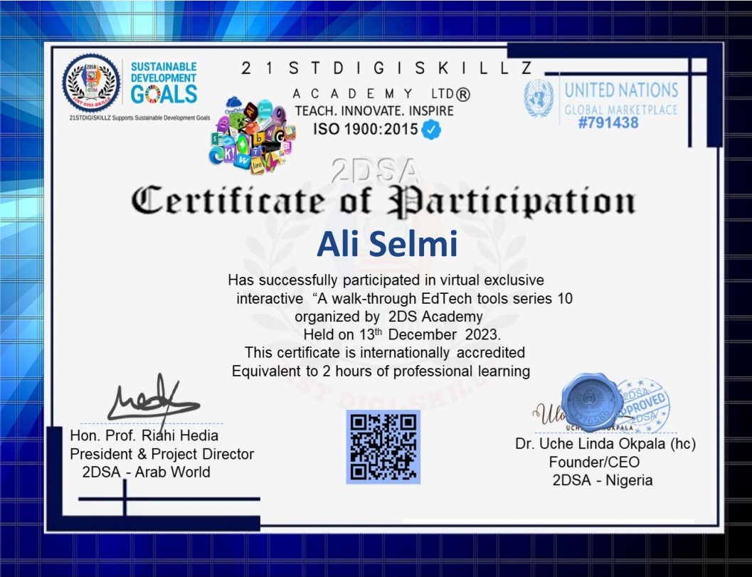 SelmiSelmiAli's tweet image. Congratulations!
for joining our &quot;A walk-through EdTech tools series 10 #UNSDG4&quot; interactive session (E-210) #Thrivingwednesday organized by 2DSA Arab World @21stDigi @AcenTunisia @Sultan_ahmad10_ @MicrosoftEDU @soniabahri1 @SalouaZribi @ITschool2040 @OmanEducator #MIEEXPERT