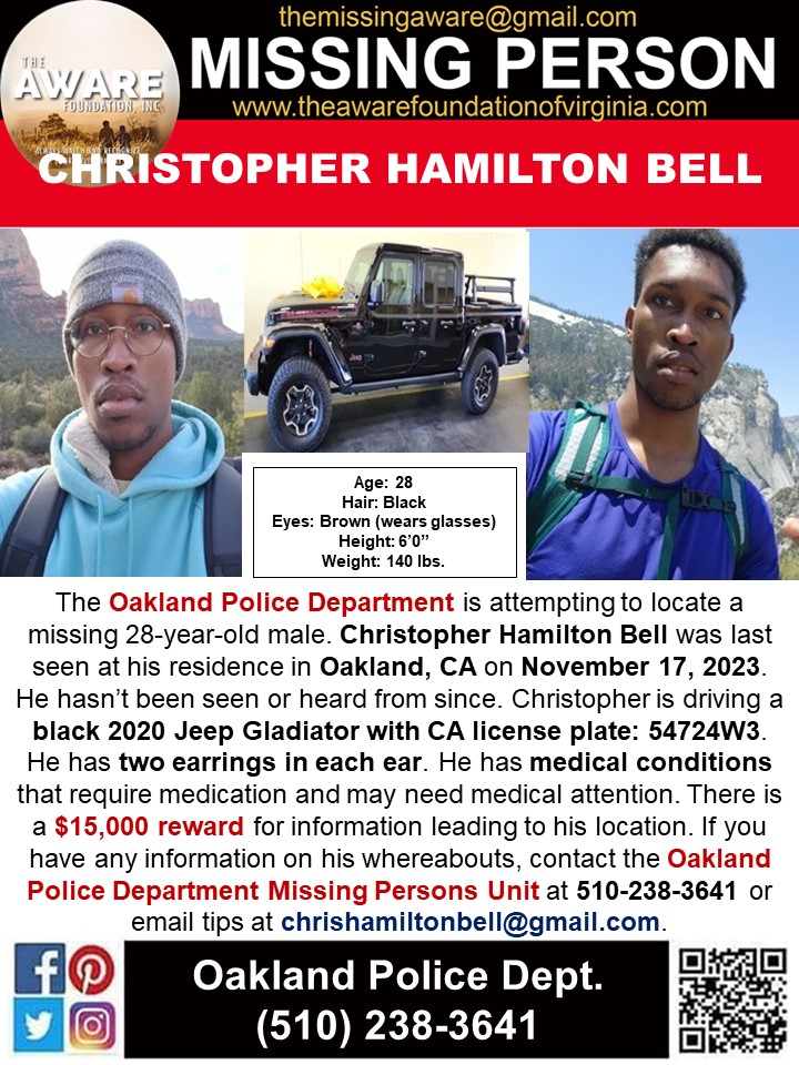 Our son has been missing in the California Bay Area (Oakland) since Nov. 17th. He drives a 2020 Black Jeep Gladiator and is in need of medical attention. A reward of $15,000 is being offered for information that directly leads to his return. Please share with your networks.