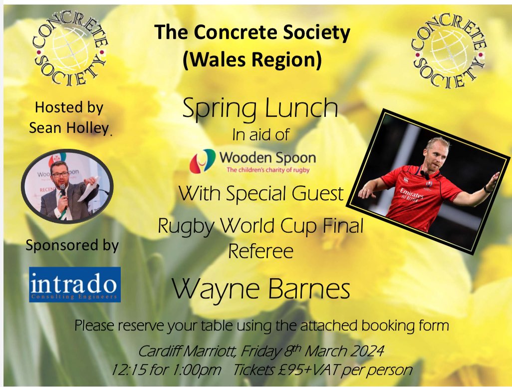 Concrete Soc. Wales (@walesconcsoc) on Twitter photo Delighted to announce RWC final referee <a href="/WayneBarnesRef/">Wayne Barnes</a> as the main speaker at our spring lunch, in aid of <a href="/SpoonWales/">Wooden Spoon Wales</a>, to be held at <a href="/CardiffMarriott/">Cardiff Marriott</a> on Friday 8th March and hosted by <a href="/_SeanHolley/">Sean Holley 🎤📺🏉📝🎥🏌🏻♂️</a>. Many thanks to our main sponsor <a href="/Intrado_/">Intrado Consulting Engineers</a> Delighted to announce RWC final referee <a href="/WayneBarnesRef/">Wayne Barnes</a> as the main speaker at our spring lunch, in aid of <a href="/SpoonWales/">Wooden Spoon Wales</a>, to be held at <a href="/CardiffMarriott/">Cardiff Marriott</a> on Friday 8th March and hosted by <a href="/_SeanHolley/">Sean Holley 🎤📺🏉📝🎥🏌🏻♂️</a>. Many thanks to our main sponsor <a href="/Intrado_/">Intrado Consulting Engineers</a>