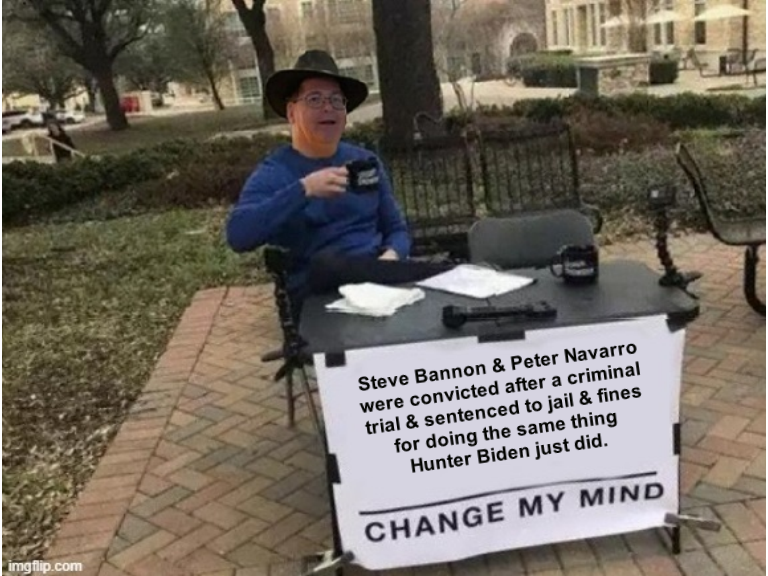 Reminder for those in the back of the room: 

Both Steven Bannon and Peter Navarro were

1. Indicted
2. Arrested
3. Arrainged in court, where they entered not guilty pleas
4. Taken to trial
5. Convicted
6. Currently appealing those convictions

for doing **the exact same thing**