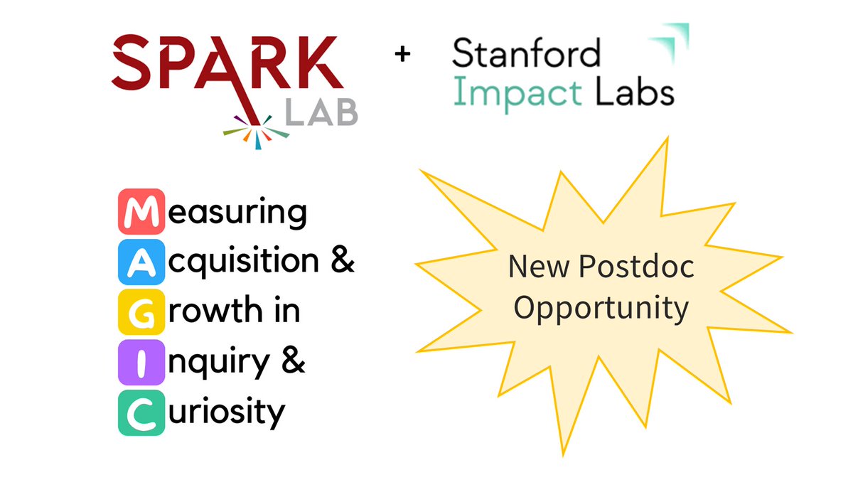 Exciting postdoc opportunity!  Join our new MAGIC project sparklab.stanford.edu/magic as a Stanford Impact Labs <a href="/stanfordimpact/">Stanford Impact Labs</a> postdoc. Help us develop measures of young learners’ curiosity, creativity, problem-solving, etc. Apply by January 30! impact.stanford.edu/offer/open-pos…