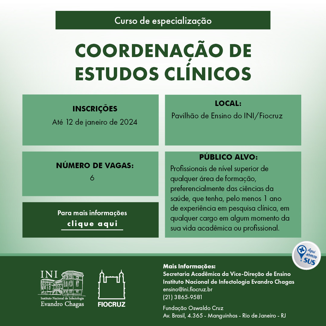 Estamos com inscrições abertas para o Curso de Especialização em Coordenação de Estudos Clínicos.

Para mais informações, acesse bit.ly/3RFlByH

#latosenso #pesquisaclinica #especialização #sus #fiocruz