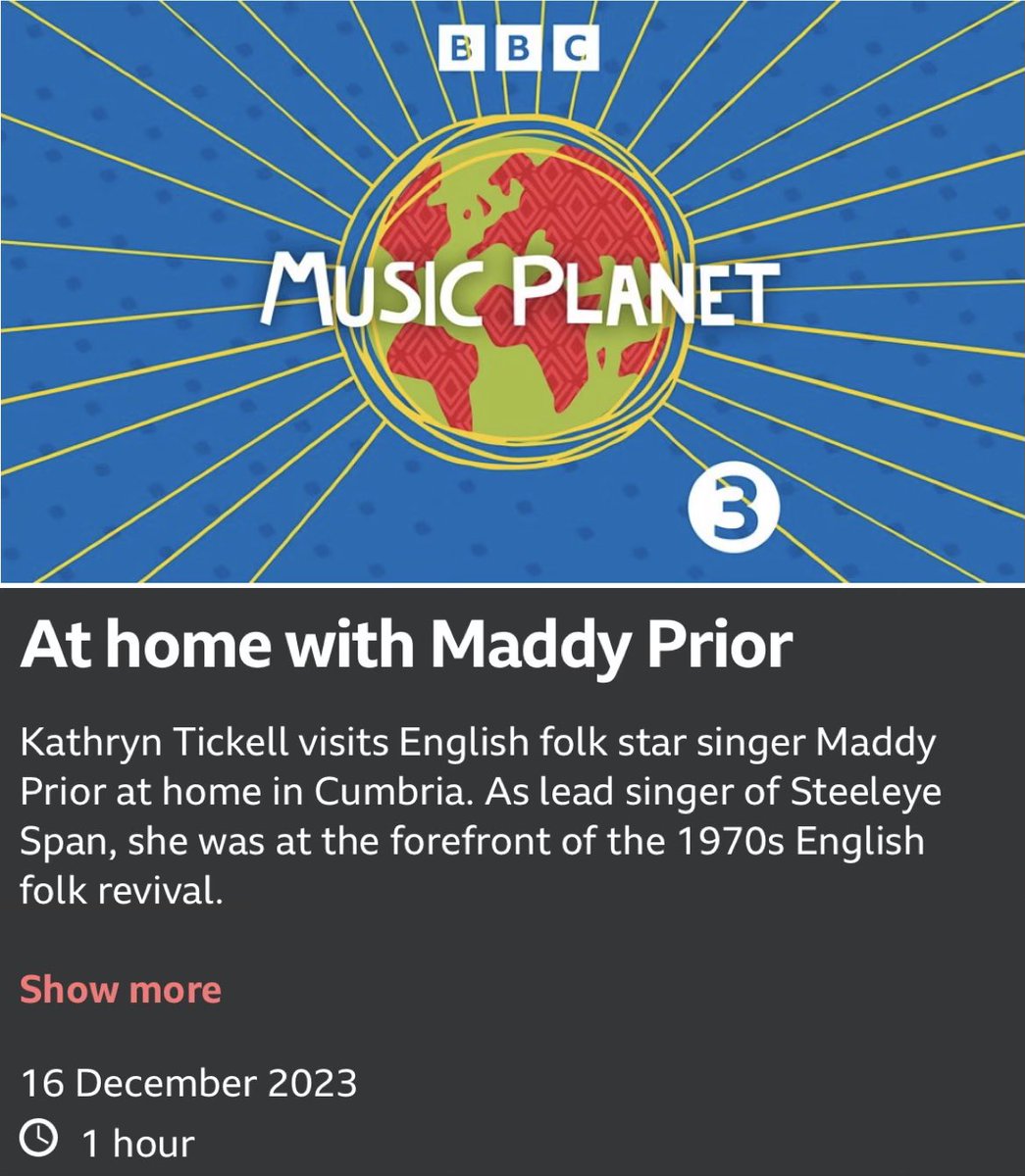 At home with Maddy Prior This Saturday 16th December at 16:00 @BBCRadio3 @kathryntickell visits English folk star singer @MaddyPriorFolk at home in Cumbria. bbc.co.uk/programmes/b09…