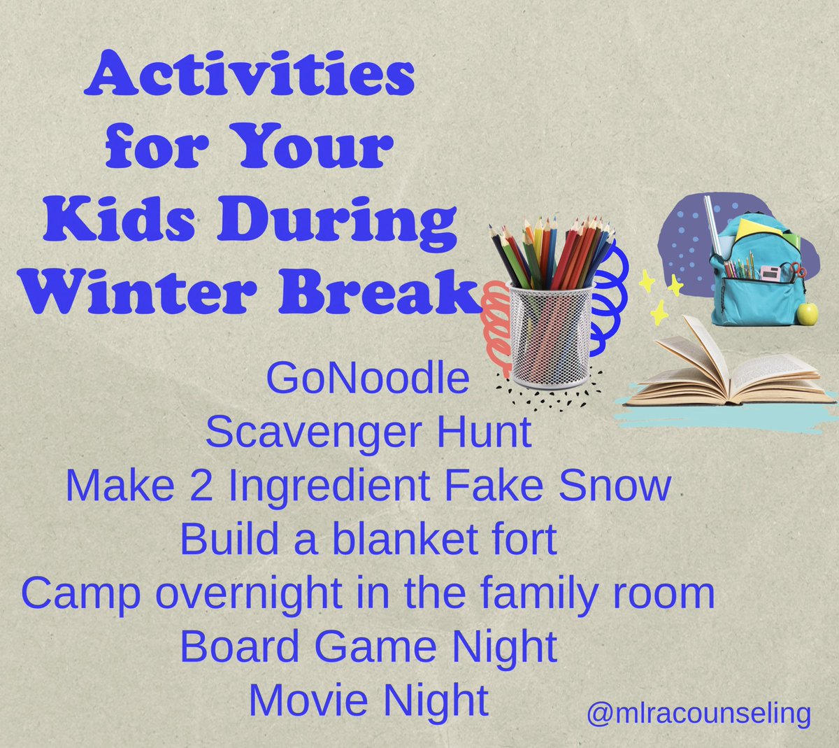 Ideas on family time activities over break?
#counselorshelp #burnbrightnotout #mentalhealthmatters #mentalhealthawareness #tools2thrive #bethe1to #be4stage4 #schaumburg #4mind4body #chicago #lincolnpark 
#mlracounseling #schaumburgcounselor #lincolnparkcounselor