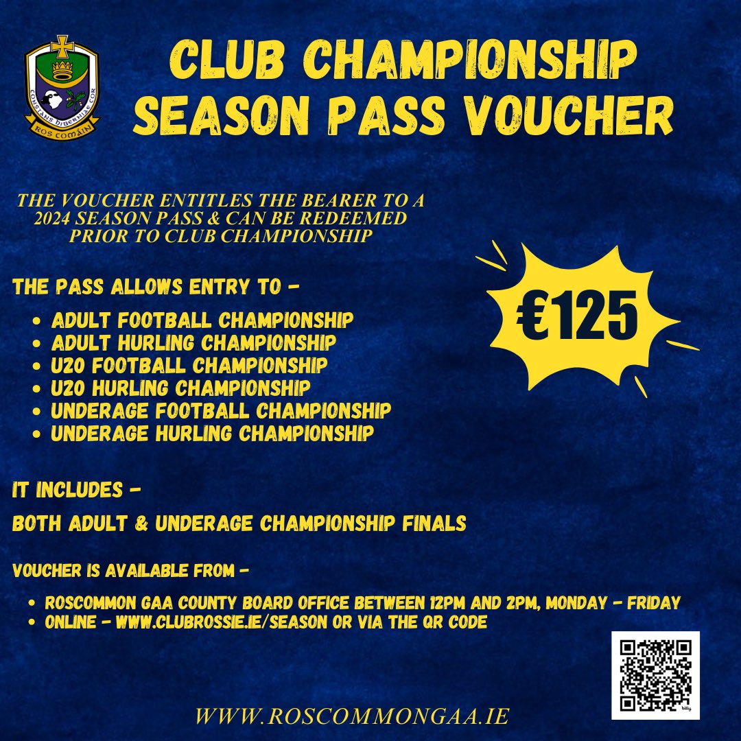 Looking for the perfect Christmas present? Purchase a 2024 Club Championship Season Pass Voucher. It can be purchased online at clubrossie.ie/season or via the QR Code. It can also be purchased from the County Board Office between 12pm and 2pm, weekdays. #RosGAA