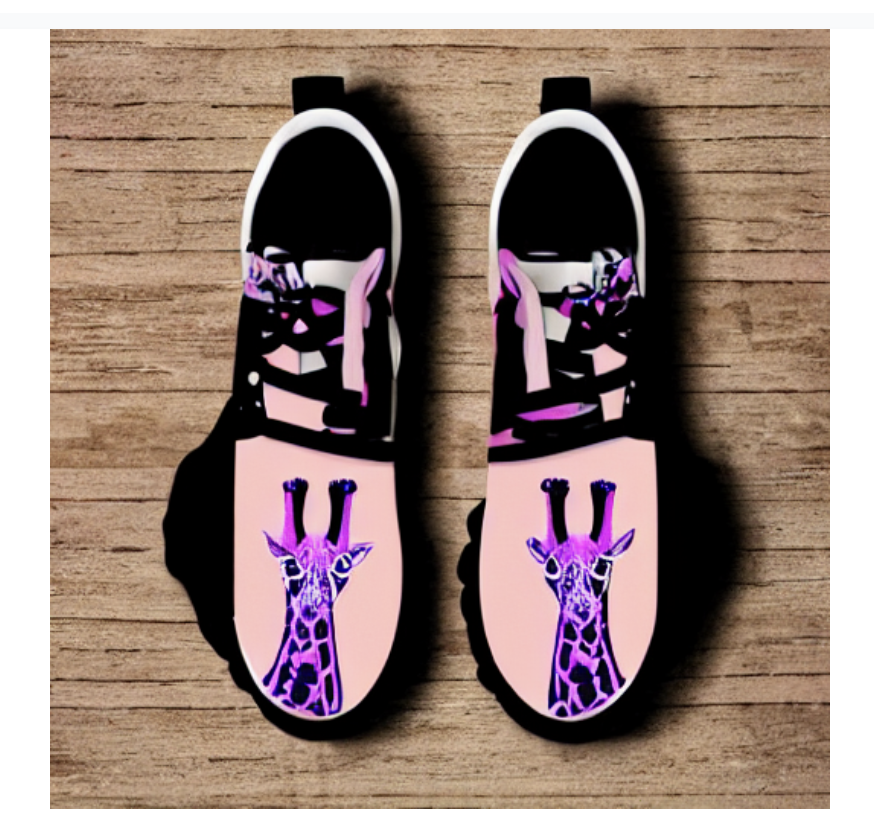 Who'd wear these? (Image of shoes created using the #stable_diffusion #text_to_image_generator). This result was one of the iterations on the way to a picture of a giraffe wearing pink sneakers. One thing interesting here is the differences between L and R giraffes. #WWC_EastBay