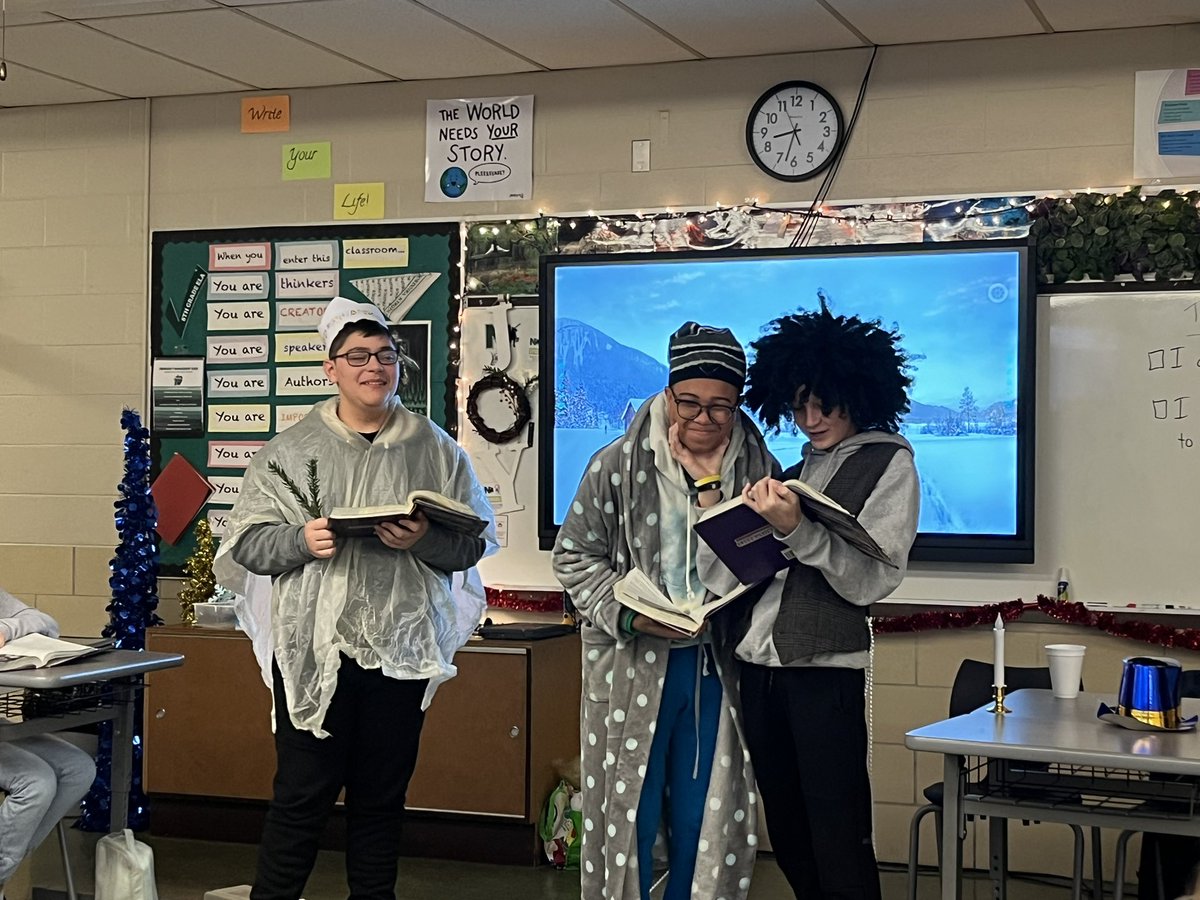 Acting out Charles Dickens classic play “A Christmas Carol” using the random props Mr. Bally has in his closet and Spotify sound effects before we go see the live production at Playhouse Square next week!