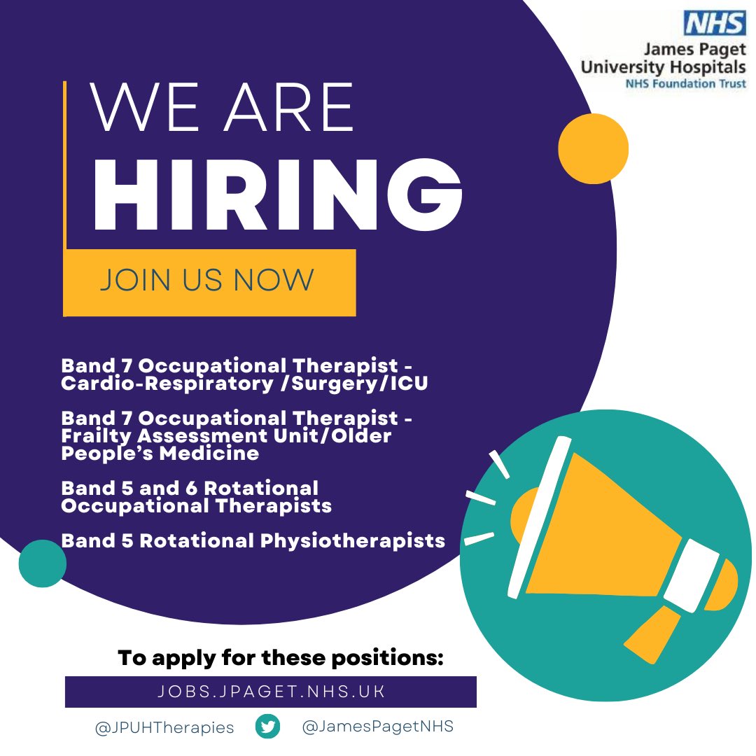 🚨Applications open on our website for a number of posts including:
🔸specialist occupational therapists
🔸senior and junior rotational OTs and
🔸junior rotational physiotherapists!

Development posts (band 5 to 6 /band 6 to 7) can also be considered⬇️
jobs.jpaget.nhs.uk/#!/job_list/s4…