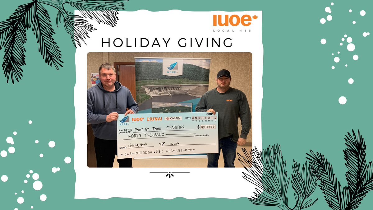 On behalf of Local 115 leadership, we presented a check to  AFDE Partnership for $10K. Other trades working in the community also pitched in to give $40K  to local orgs in the Peace River region.  #iuoe #bcbuildingtrades #riseabove115 #holidaygiving