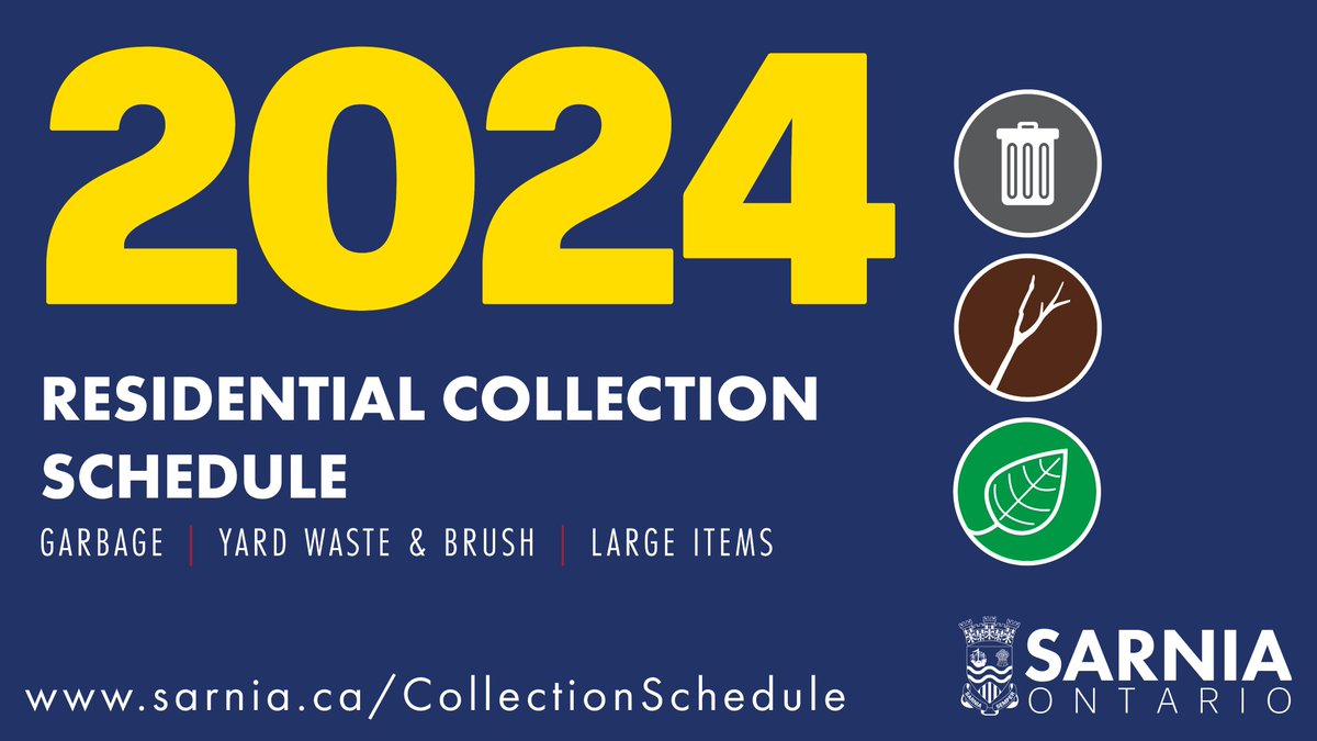 Keep an eye out! Our 2024 Waste Collection Schedules are in the mail and should be arriving in your mailbox over the next couple of weeks.

The schedule is also available online at sarnia.ca/CollectionSche…

Printed copies available at City Hall Customer Service.