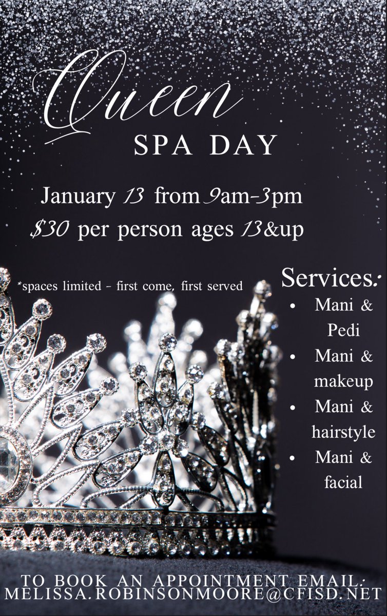 On January 13, 2024 we are inviting all of our queens to come by and have a relaxing spa day!! We accept ages 13 and up and be sure to select one of the bullet points w the two services you can choose from. Hope to see you there! (Look at bottom of flyer to book your appointment)