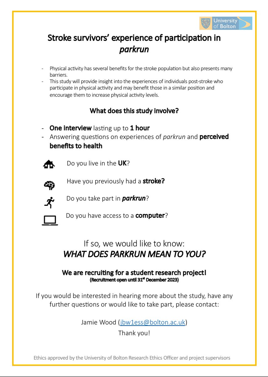 🌳 Are you a stroke survivor who takes part in parkrun? 🌳

I would like to hear about your experiences of taking part in parkrun, as part of my MSc Physiotherapy dissertation project!

Please RT!!

#parkrun #ukrunchat #stroke #strokerehab #strokesurvivors #neurorehab