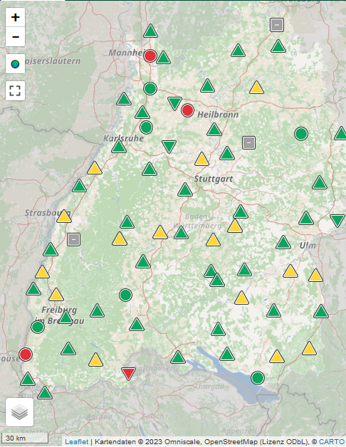 Update historisches Dürrejahr 2023, heute:
Grundwasserstände Baden-Württemberg

Von 55 Überwachungsstellen melden
-  4 unterdurchschnittlich
- 16 mittel
- 35 überdurchschnittlich

Von 55 Überwachungsstellen sind
-  4 rückläufig
-  9 stabil
- 39 ansteigend

lubw.baden-wuerttemberg.de/wasser/guq-mes…