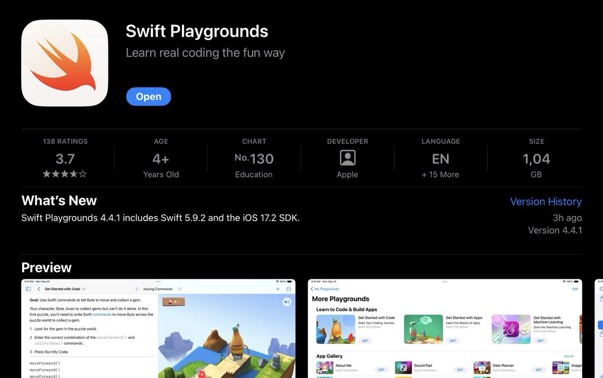 Today #SwiftPlaygrounds was updated to version 4.4.1, with Swift 5.9.2 and iOS 17.2 SDK support (even as minimum deploy version).