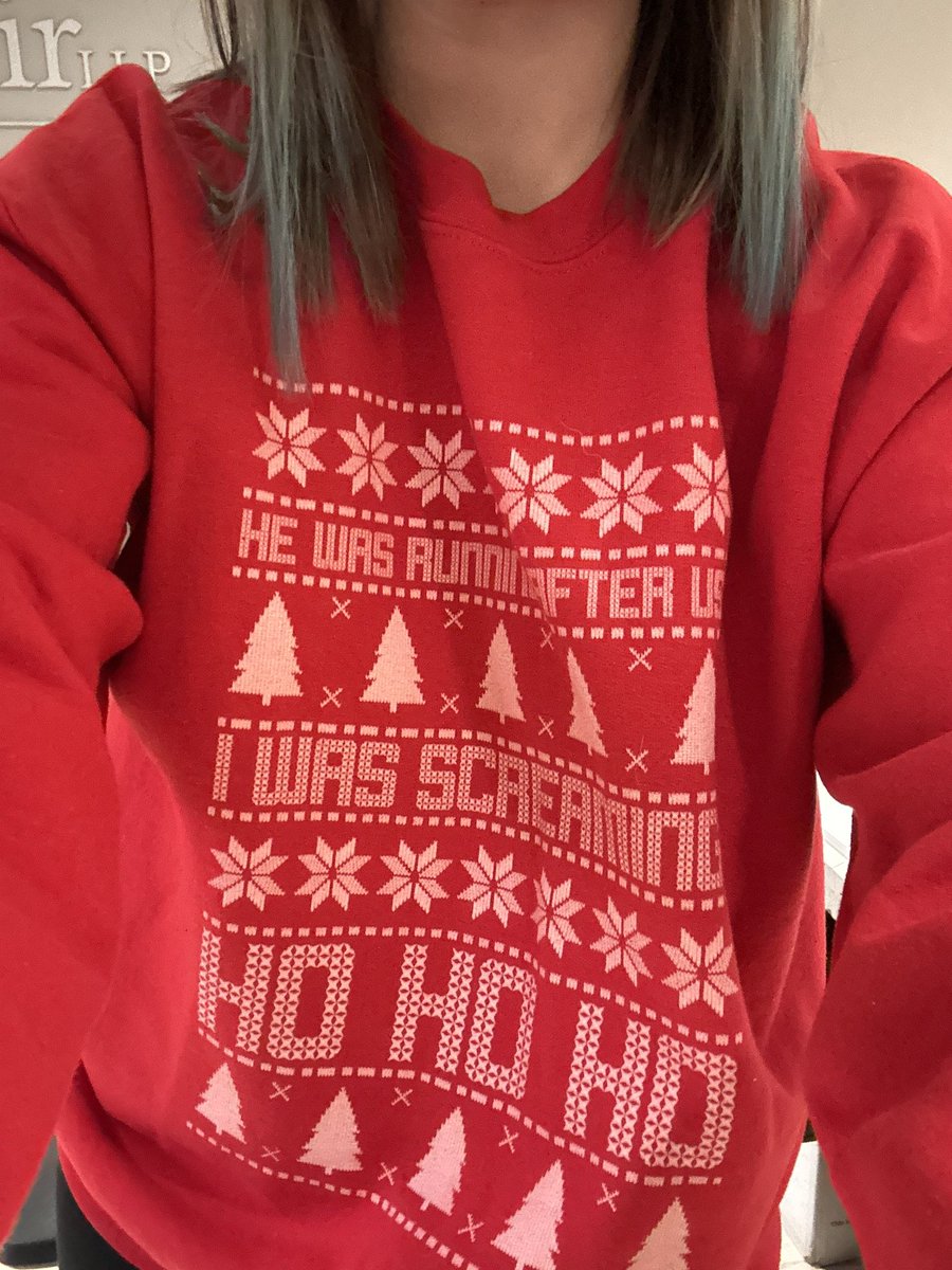 kindareckless13's tweet photo. when it’s christmas sweater day at work but also @taylorswift13’s birthday… wearing my fave @threads_xiii sweater https://t.co/Sw49SeuBuN