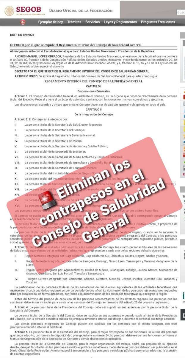 🚨 Gobierno federal publica decreto para eliminar la participación de las instituciones educativas, comunidad médica y expertos del Consejo de Salubridad General

❌Eliminan a la UNAM del Consejo de Salubridad General

❌Eliminan a todos los vocales del Consejo: IPN,