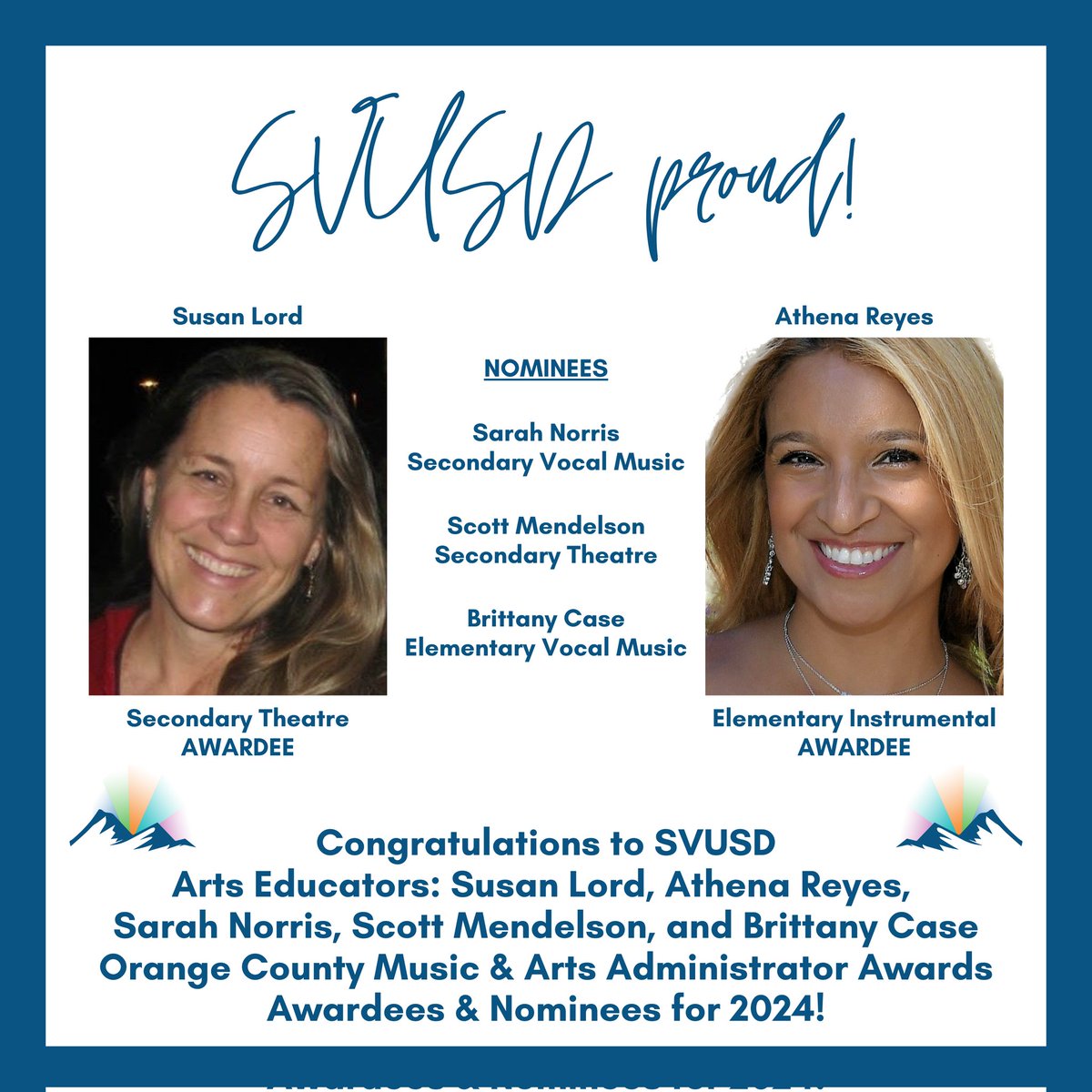 Help us congratulate five of our incredible SVUSD VAPA educators on their 2024 Orange County Music & Arts Administrators Awards nominations & distinctions! We will honor them Tuesday, February 27th in the Samueli Theatre at @SegerstromArts! @SVUSDSchools @Arts4Oc