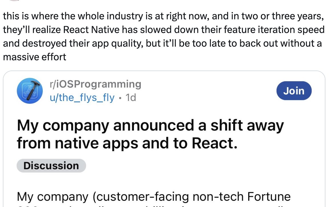 jamonholmgren's tweet image. I read this tweet and laughed. We regularly come into companies that have full, dedicated native app teams, rebuild their entire (10+ year old) apps in React Native, and pass up their native teams who are still struggling to ship features. Then ship to the App Store / Google Play…