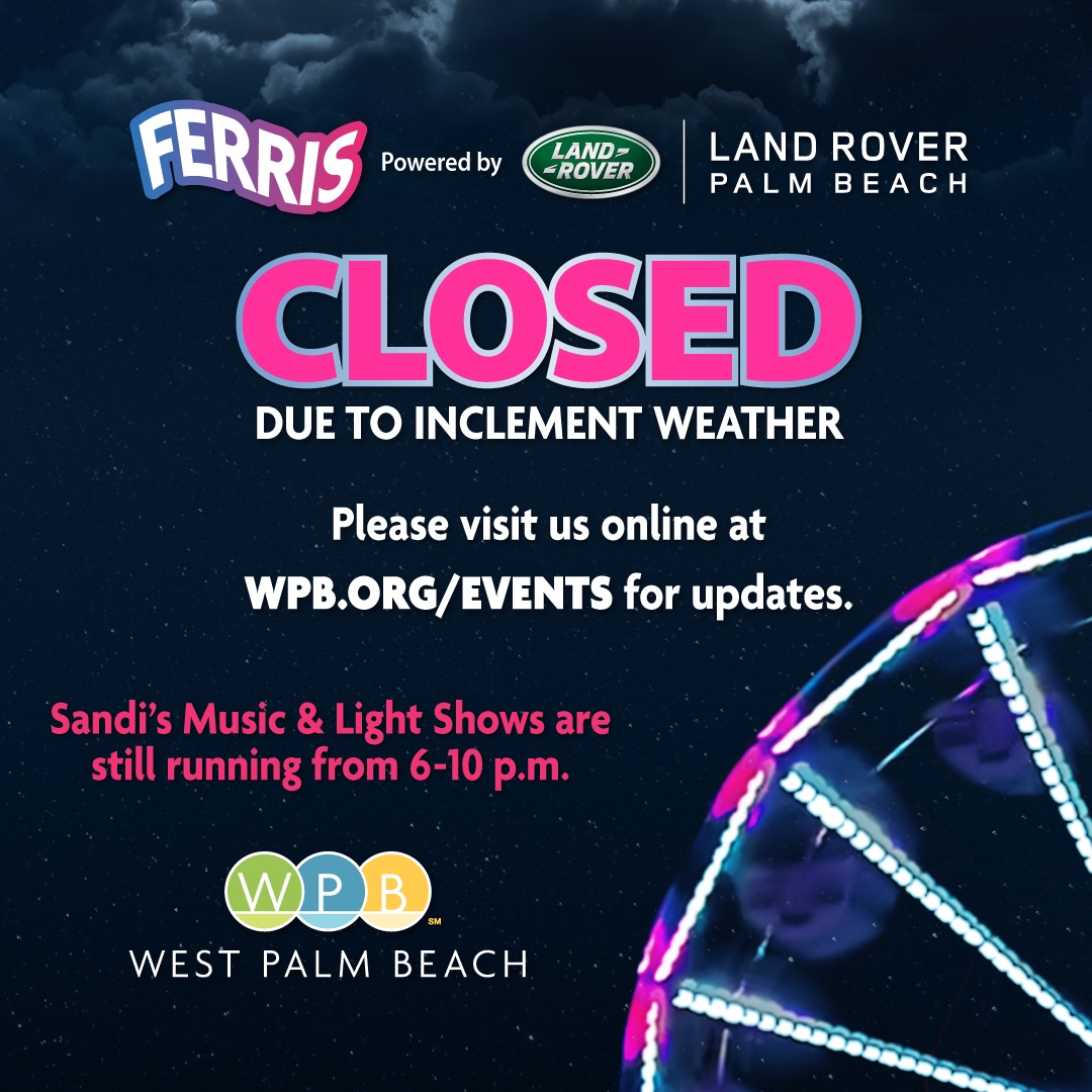 Sandi Holiday Tree (@sanditreewpb) on Twitter photo Sorry y'all! Ferris is closed tonight due to bad weather, but fear not – my music and light shows will still be shining bright from 6 p.m. to 10 p.m.! Check back here for updates 😉 <a href="/thecityofwpb/">City of West Palm Beach</a> <a href="/downtownwpb/">DowntownWPB</a> @ #sanditree #holidayinparadise #lightshow #ferriswheel #eventswpb #... Sorry y'all! Ferris is closed tonight due to bad weather, but fear not – my music and light shows will still be shining bright from 6 p.m. to 10 p.m.! Check back here for updates 😉 <a href="/thecityofwpb/">City of West Palm Beach</a> <a href="/downtownwpb/">DowntownWPB</a> @ #sanditree #holidayinparadise #lightshow #ferriswheel #eventswpb #...