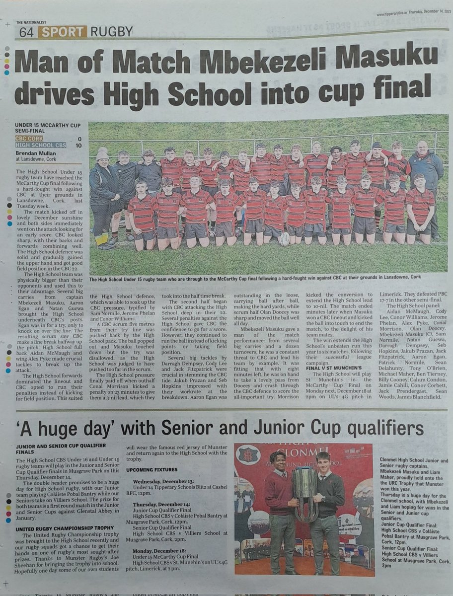 Great coverage of our Rugby News in this week's @TheNationalist 🏉🔴⚫️🏉👍
#schoolrugby #rugbynews 🏉