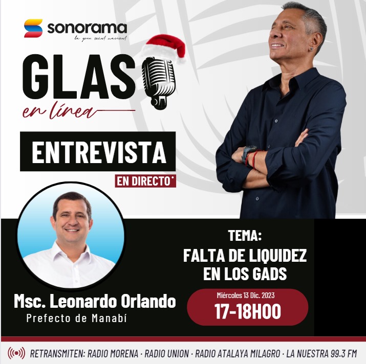 Hoy en #GlasEnLinea, conversaremos la “Falta de liquidez en los GADS” con nuestro invitado, el prefecto de Manabí, Msc. Leonardo Orlando. Los esperamos en #GlasEnLínea con Jorge Glas, sintonízanos de 17h00 a 18h00 por @radiosonorama .@JorgeGlas