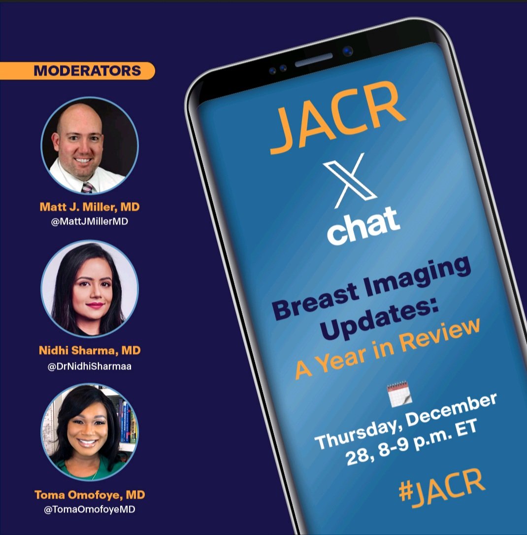 JACR (@jacrjournal) on Twitter photo ✨️ S A V E T H E D A T E ✨️
We'll be wrapping up 2023 with a look back at the year in breast imaging with <a href="/TomaOmofoyeMD/">Toma Omofoye, MD</a> <a href="/drnidhisharmaa/">Nidhi Sharma MD</a> & <a href="/MattJMillerMD/">Matt J. Miller, MD</a>.
Thursday, Dec. 28, 8-9 p.m. EST. 📅 ⏰️ ✔️
#JACR #BreastImaging #Radiology ✨️ S A V E T H E D A T E ✨️
We'll be wrapping up 2023 with a look back at the year in breast imaging with <a href="/TomaOmofoyeMD/">Toma Omofoye, MD</a> <a href="/drnidhisharmaa/">Nidhi Sharma MD</a> & <a href="/MattJMillerMD/">Matt J. Miller, MD</a>.
Thursday, Dec. 28, 8-9 p.m. EST. 📅 ⏰️ ✔️
#JACR #BreastImaging #Radiology