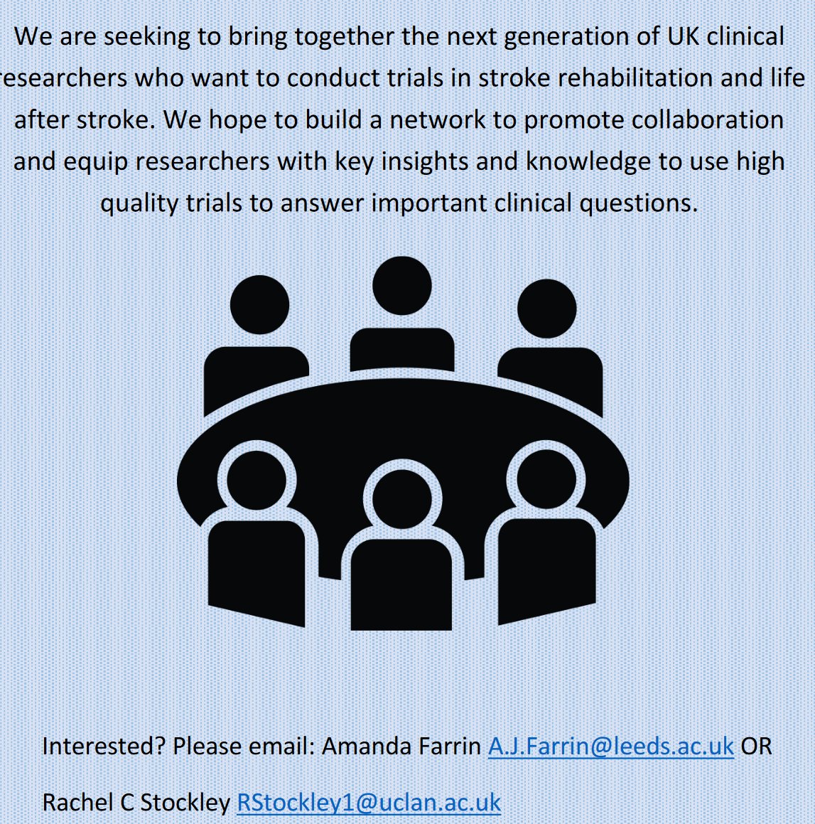 Rachel C Stockley (@rachel_stockley) on Twitter photo Are you planning or undertaking a trial in stroke rehabilitation or life after stroke?
Would you like to help shape and grow a collaborative network to support researchers who want to conduct well-designed trials? If so, see below and get in touch ⬇️⬇️⬇️⬇️<a href="/amanda_horler/">Prof Amanda Farrin 🕷️🇪🇺 💙</a> Are you planning or undertaking a trial in stroke rehabilitation or life after stroke?
Would you like to help shape and grow a collaborative network to support researchers who want to conduct well-designed trials? If so, see below and get in touch ⬇️⬇️⬇️⬇️<a href="/amanda_horler/">Prof Amanda Farrin 🕷️🇪🇺 💙</a>