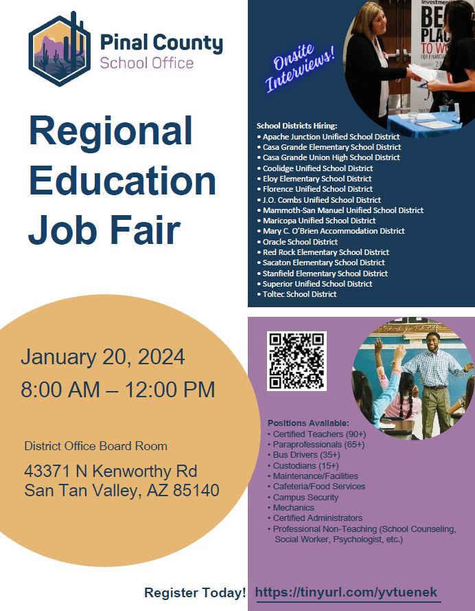 Get ready! Pinal County School Office is hosting a job fair 1/20/2024 from 8am-12pm. Be sure to register soon! @azedschools @azceducation @azcentral #teachers #supportstaff #jobfair #careerfair #education