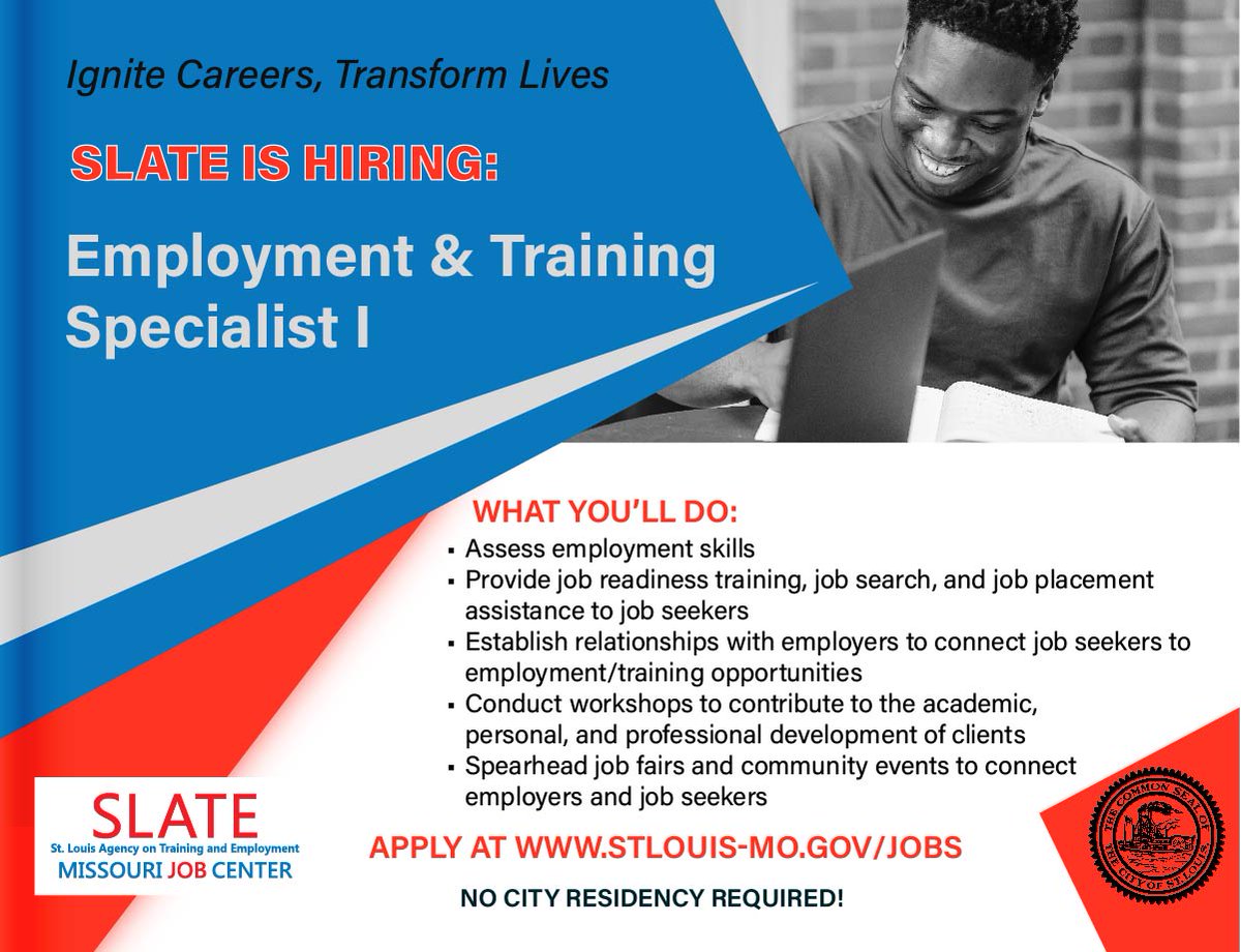 SLATE is seeking an Employment & Training Specialist I! If you're passionate about empowering job seekers, connecting them with employment opportunities, and contributing to their growth, this role is for you! Interested? Learn more and apply here: stlouis-mo.gov/jobs/job-detai…...