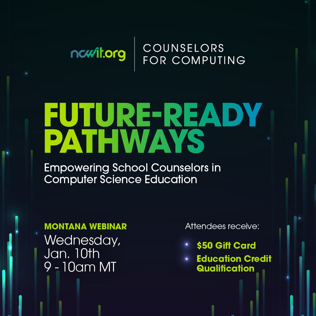 ⛰️ Montana-based counselors: Join us on Jan. 10th for a one-hour webinar with our event partner, @MSCAMontana! Learn how you can equip your students with skills to thrive in a world where computing is at the heart of every industry! 👨🏻‍💻 Register here: bit.ly/C4C_MTJan2024