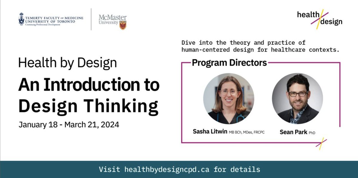 McMasterCPD's tweet image. ⏰ There's still time to save on your registration to #HealthbyDesign. The early bird program fee has been extended to Tuesday, December 19, 2024.
Join Sasha Litwin and Sean Park for an illuminating dive into #DesignThinking for #healthcare. healthbydesigncpd.ca