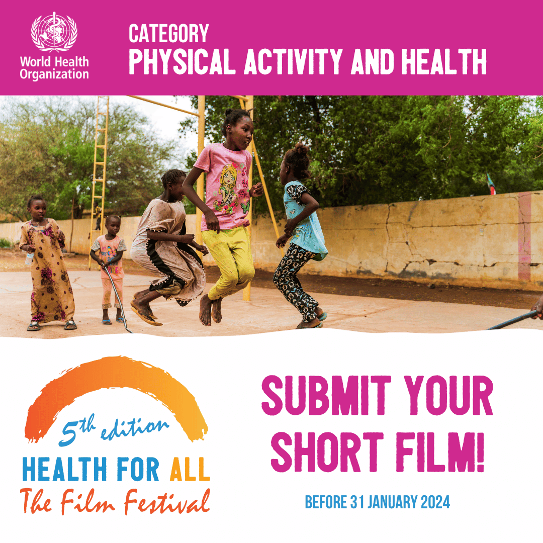 fiona bull (@fiona_bull) on Twitter photo Opportunity to help promote & share stories about joy of #BeActive & special prize in 5th #HealthForAll Film Festival <a href="/WHO/">World Health Organization (WHO)</a> 2024. 🎬Unleash your creativity! Please share
Submit a #Film4health before 31 Jan 2024. Find more detail▶️
who.int/initiatives/he… Opportunity to help promote & share stories about joy of #BeActive & special prize in 5th #HealthForAll Film Festival <a href="/WHO/">World Health Organization (WHO)</a> 2024. 🎬Unleash your creativity! Please share
Submit a #Film4health before 31 Jan 2024. Find more detail▶️
who.int/initiatives/he…