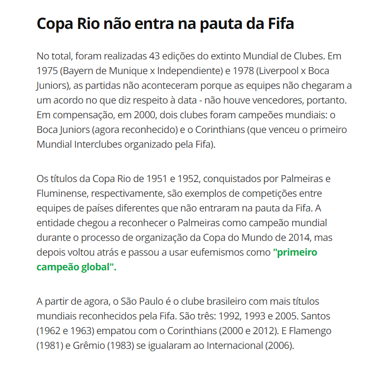 FIFA NÃO RECONHECE MUNDIAIS DE FLAMENGO, GRÊMIO, SÃO PAULO, SANTOS