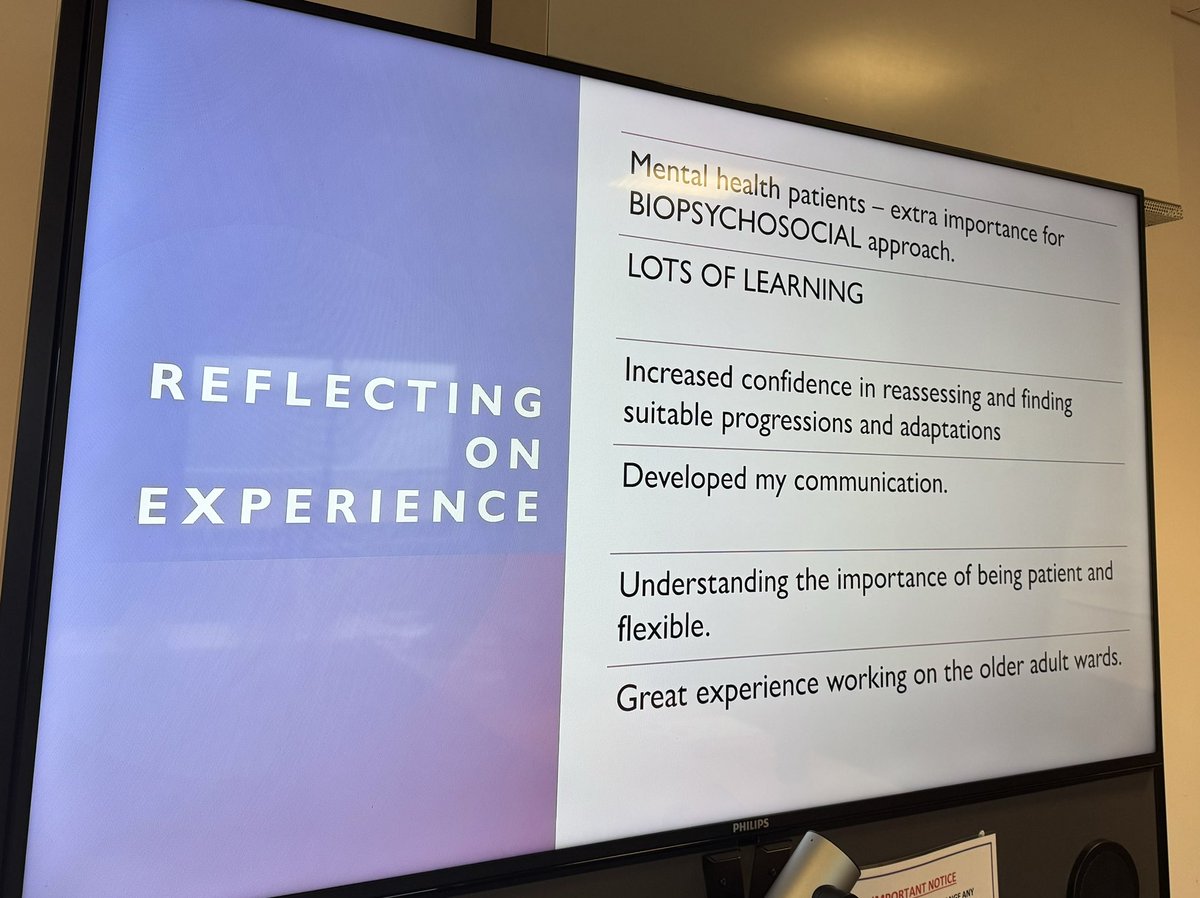 Brilliant reflections from our student on her mental health placement experience + key learning points “communication” “biopsychosocial” “being patient/flexible” “holistic” We’ve loved having you with our team @Lucyirismeyer @CPFTLandOD @UEA_Physio @imtiazAsarfaraz @JoFishpoole