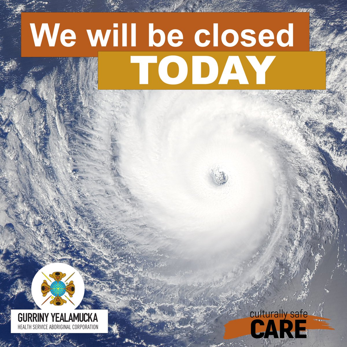 Due to current weather conditions, Gurriny Yealamucka Health Services Aboriginal Corporation will remain closed today.
If you require medical attention, please present to Yarrabah ED.

#GurrinyYealamuckaHealthServices #culturallysafecare #tcjasper