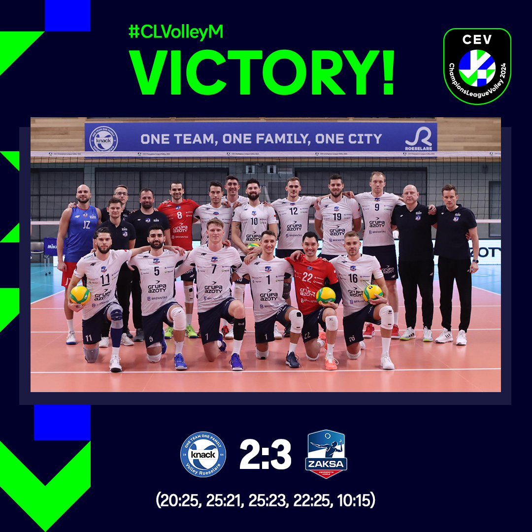 Było ciężko, ale najważniejsze... 👉 JEST ZWYCIĘSTWO ‼️

Knack Roeselare 🇧🇪  vs Grupa Azoty ZAKSA Kędzierzyn-Koźle 🇵🇱 2:3 (20:25, 25:21, 25:23, 22:25, 10:15) #MVP Łukasz Kaczmarek 👏🏆 #CLVolleyM 📸 cev.eu