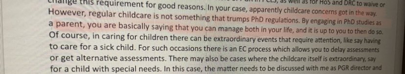 Hot take on inclusive practice in education from <a href="/UniRdg_Psych/">Psychology & Clinical Language Sciences at Reading</a> PGR Director. Clearly the solution to equality is forcing mothers out of academia? Calling this out on behalf of every PGR student penalised for having children. #InvisibleMums #PregnantthenScrewed #PhDChat 🧵
