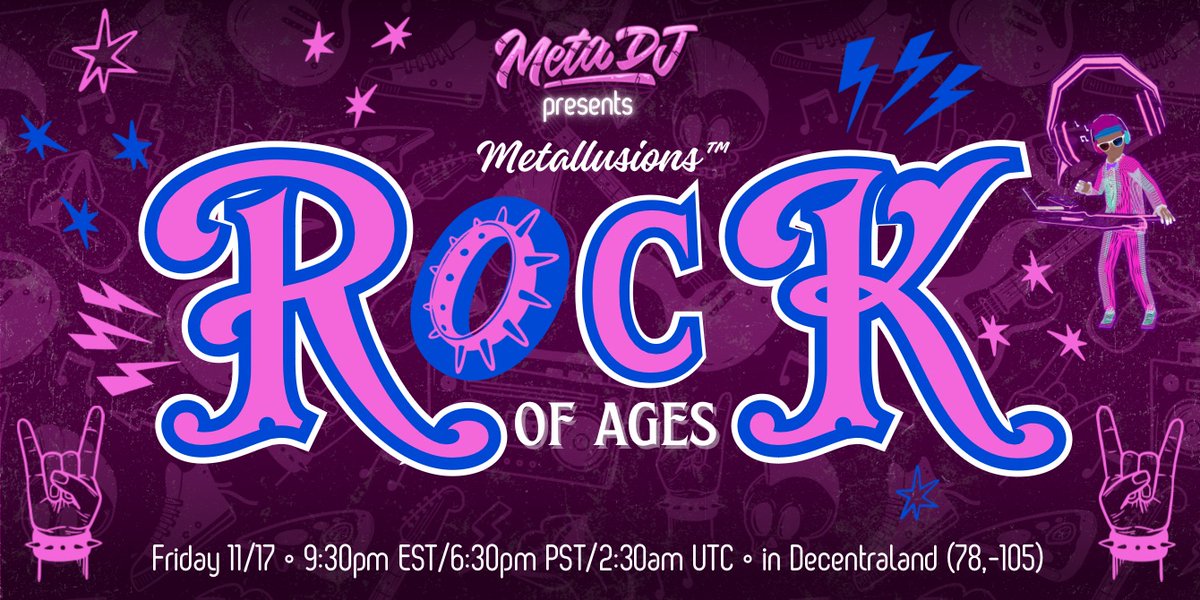 Metallusions™ - DCL Fridays: ‘Rock of Ages’, Experience a thrilling journey through the legacy of iconic rock hits. Join us on Friday 12/15 at (78, -105) at 9:30pm EST / 6:30pm PST / 2:30am UTC. Dive deep into the realm of Rock and Roll with MetaDJ, your curator for the night.