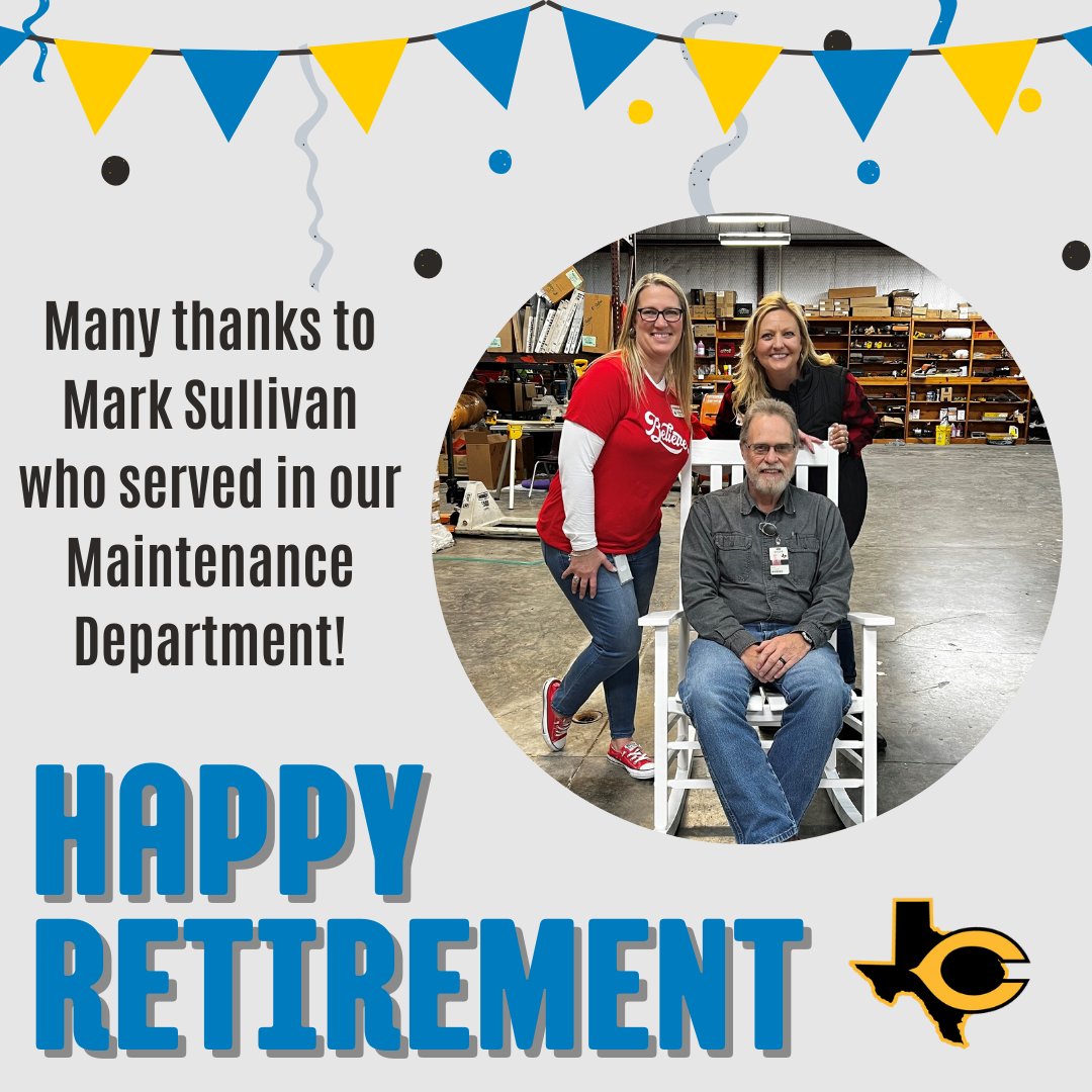 OfficialCISD's tweet image. ⭐️Happy Retirement to Mark Sullivan, who served in our Maintenance Department. Thank you for your tireless efforts in maintaining a safe and welcoming environment. We wish you endless days of leisure, exciting adventures, and the joy of a well-earned retirement.