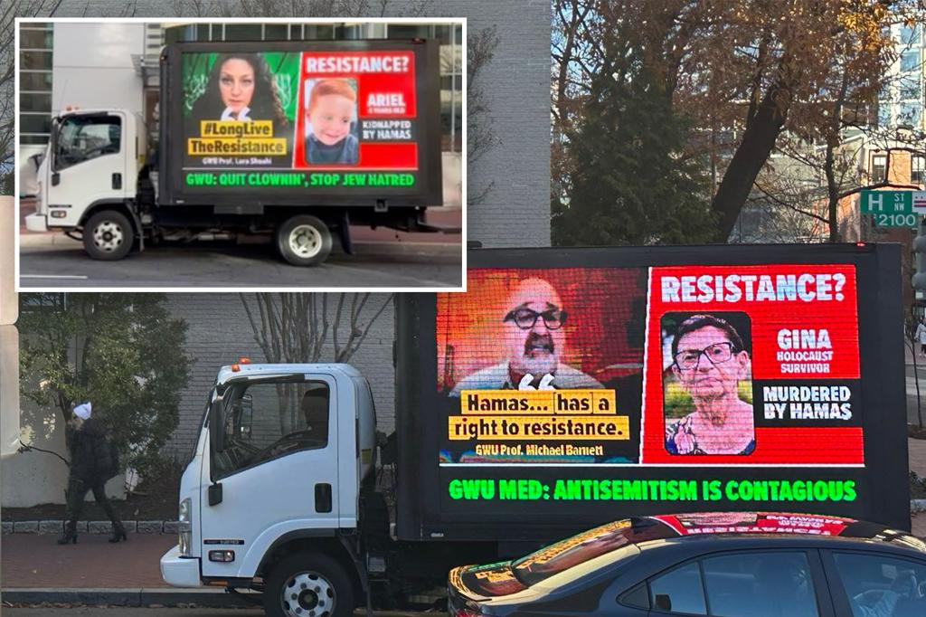 Billboard truck puts GWU faculty panel on blast for excusing Hamas terrorism trib.al/IV72bhy