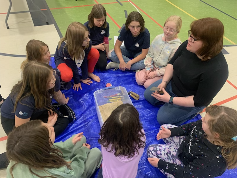 Ashley, one of our Saskatoon archaeologists, is introducing archaeology to Guides (future archaeologists).  The sessions ended with hugs and a request to please come back.  A shout out to the Saskatchewan Archaeological Society for providing their education kits.