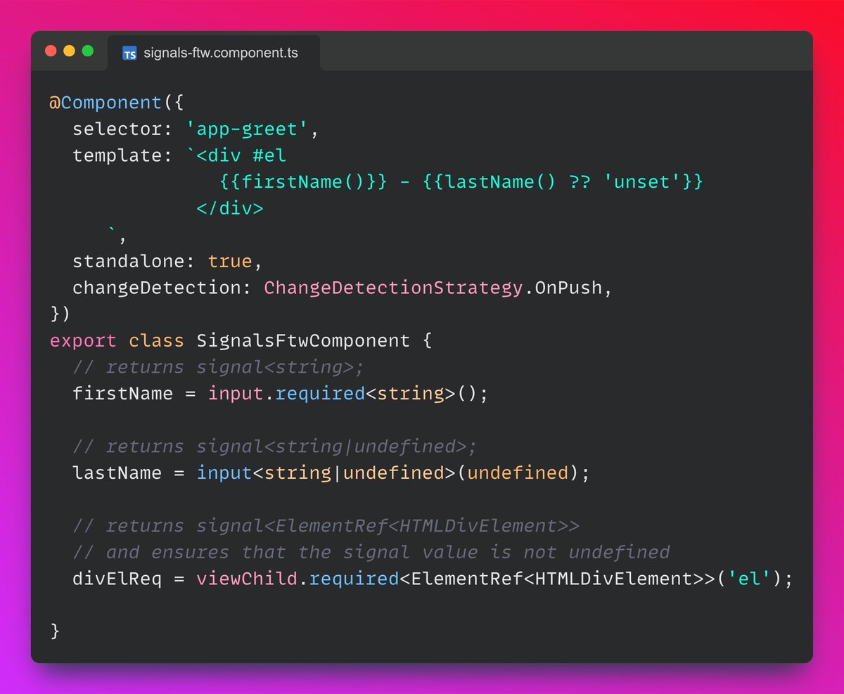 One of the reasons the #Angular team would want to move away from decorators and lean toward using helper functions for  IO is type safety. 

How about using less non-null assertions?

This is how our components could look like soon ! 

Who wants more type safety ?? 🙋🙋