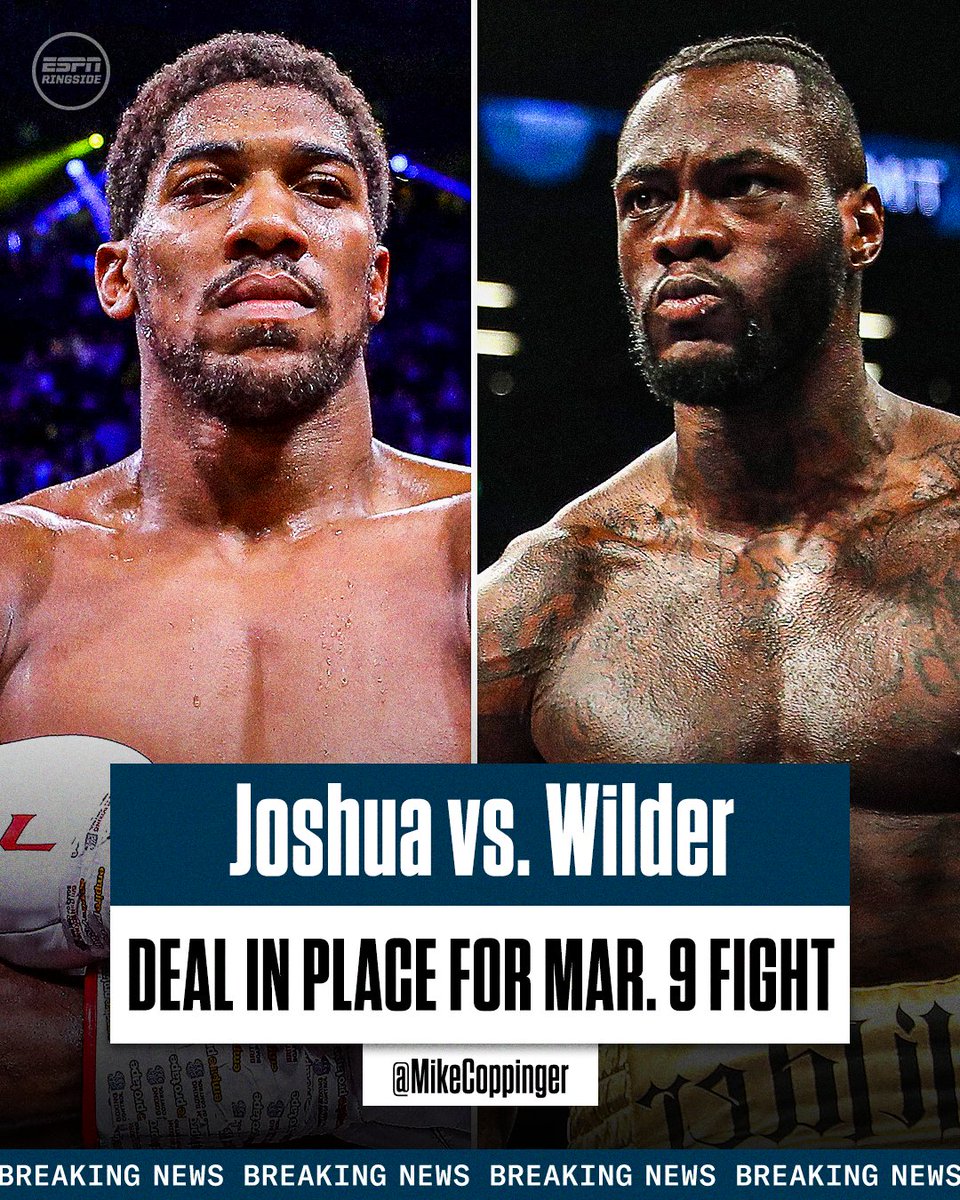 Anthony Joshua and Deontay Wilder have a deal in place to fight on March 9 in Riyadh, Saudi Arabia, sources told @MikeCoppinger. The sides agreed on the money, sources said, but they both must come out victorious and uninjured in separate bouts on Dec. 23 to finalize a bout.