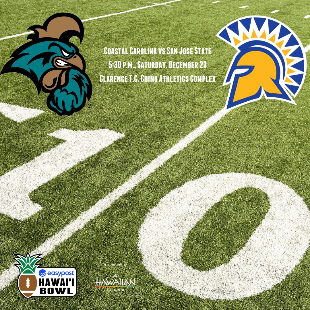HawaiiBowl's tweet image. Made in Hawaiʻi, Played in Hawaiʻi! We are 10 Days Away!  @CoastalFootball vs. @SanJoseStateFB   Get your tickets today.

#EasyPost #HawaiiBowl #EasyPostHawaiiBowl #CFB #CollegeFootball #BowlSeason #ESPNEvents #MālamaKuʻuHome