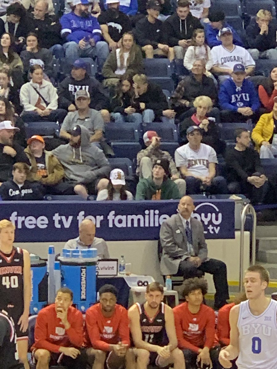 New owner of BYU Men’s Basketball, Branden Carlson at the Marriott Center supporting former teammate Jaxon Brenchley playing for Denver.