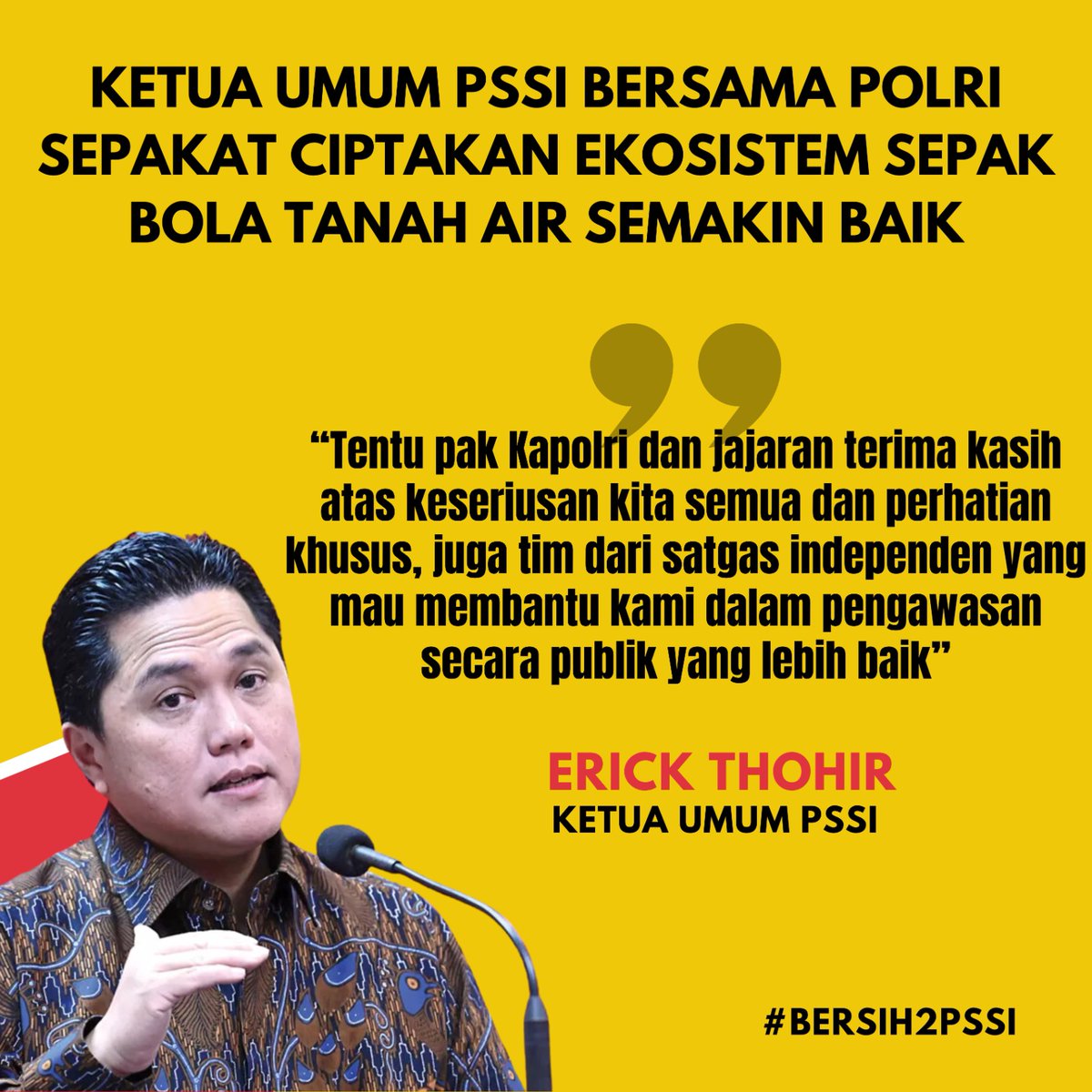 afactor101's tweet photo. Tegas! Ketum PSSI Erick Thohir kolaborasi dengan Polri untuk bersih bersih dan ciptakan ekosistem sepak bola tanah air supaya semakin baik

#Bersih2PSSI https://t.co/u9bwSXLXLR