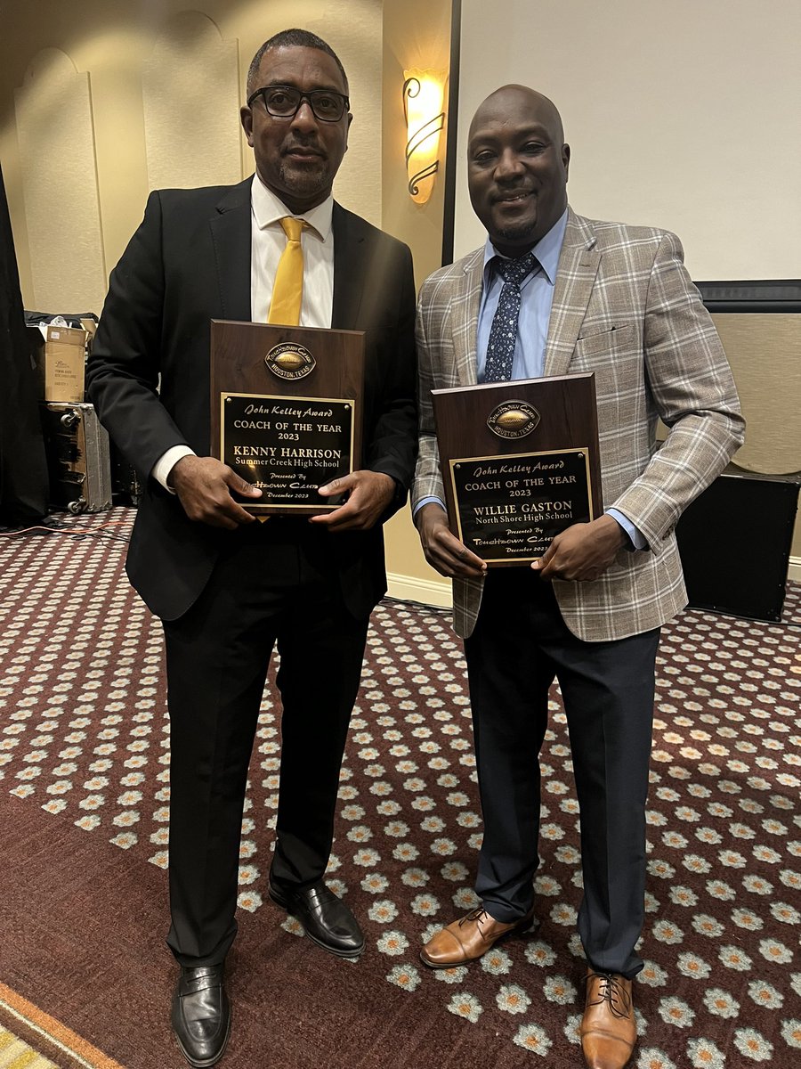 <a href="/HoustonTDClub/">Houston TD Club</a> Coaches of the Year, Summer Creek’s Kenny Harrison and North Shore’s Willie Gaston.

3rd time in Houston TD Club history that two coaches have won the award. Both are from the same district and Both will play in State Championship Games on Saturday! #txhsfb