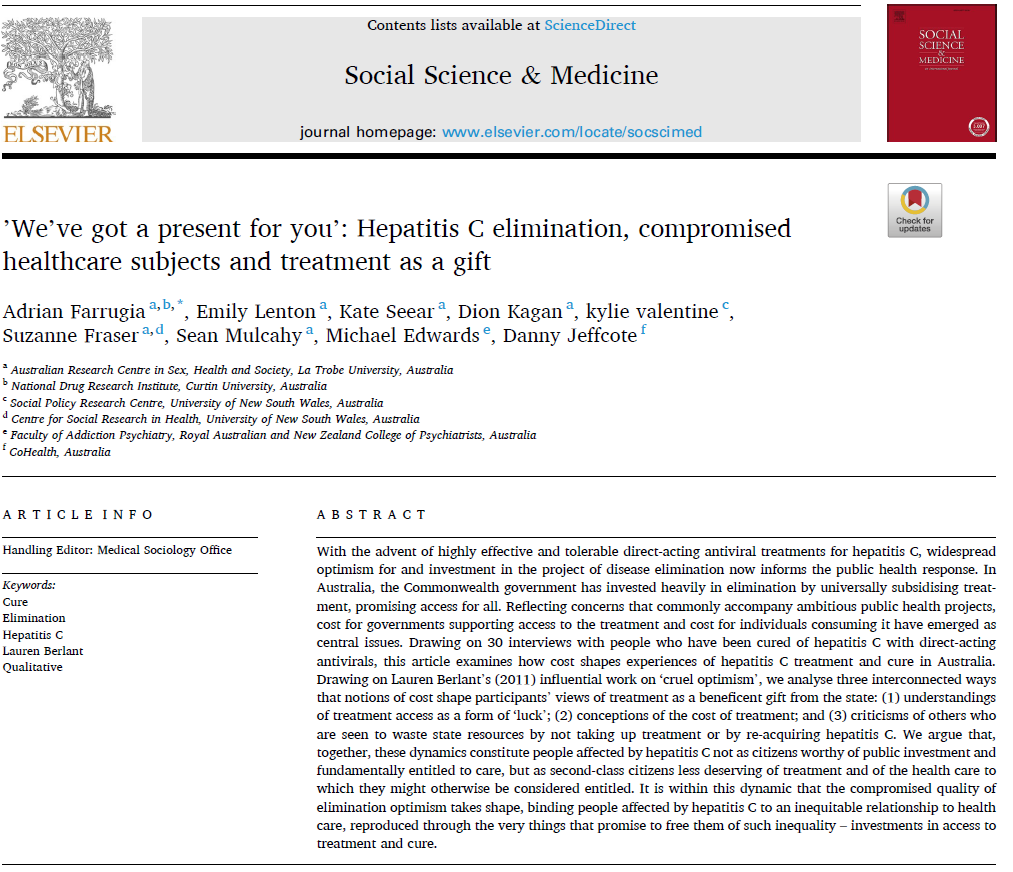 With @GLADLaTrobe colleagues, our new article uses Berlant’s ‘cruel optimism’ to examine how understandings of the cost of hepatitis C elimination can position treatment as a gift from the state, rather than an entitlement, for those who access it. shorturl.at/zFJRZ
